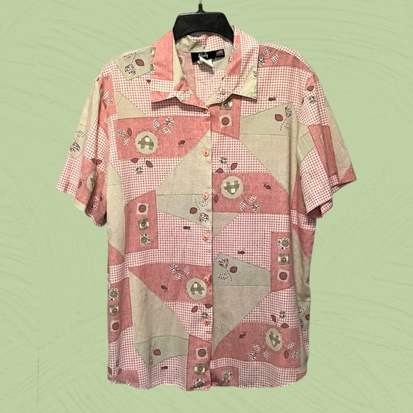 Pink Patchwork Blouse Size Large Floral Bees Mint Green Vintage Tapestry USA EUC - Picture 3 of 8